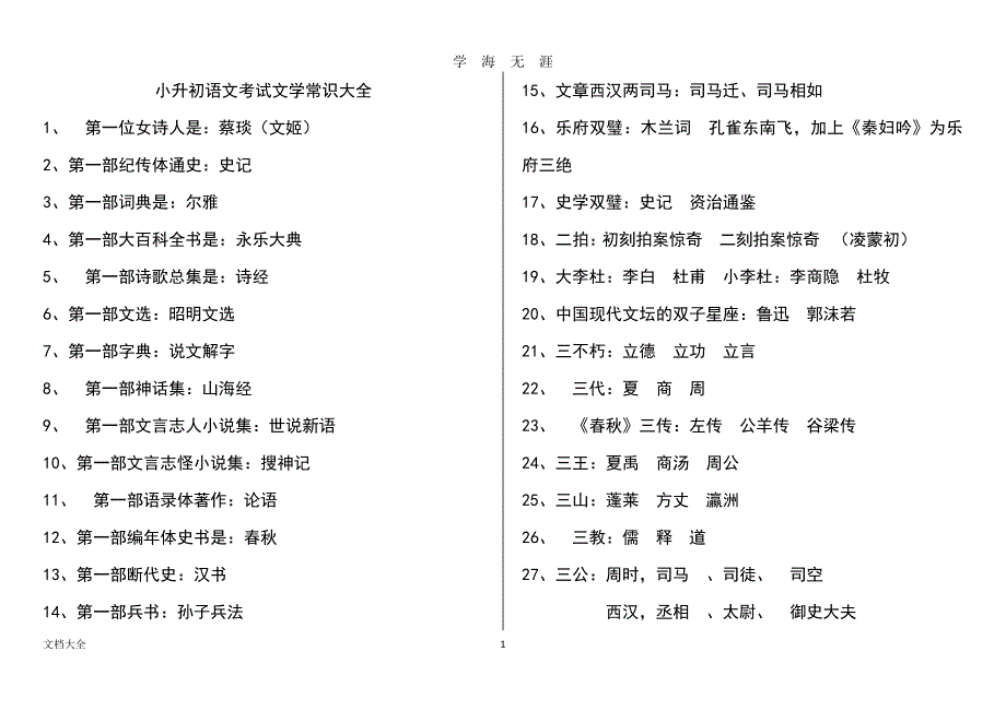 小升初语文考试文学常识大全（2020年7月整理）.pdf_第1页