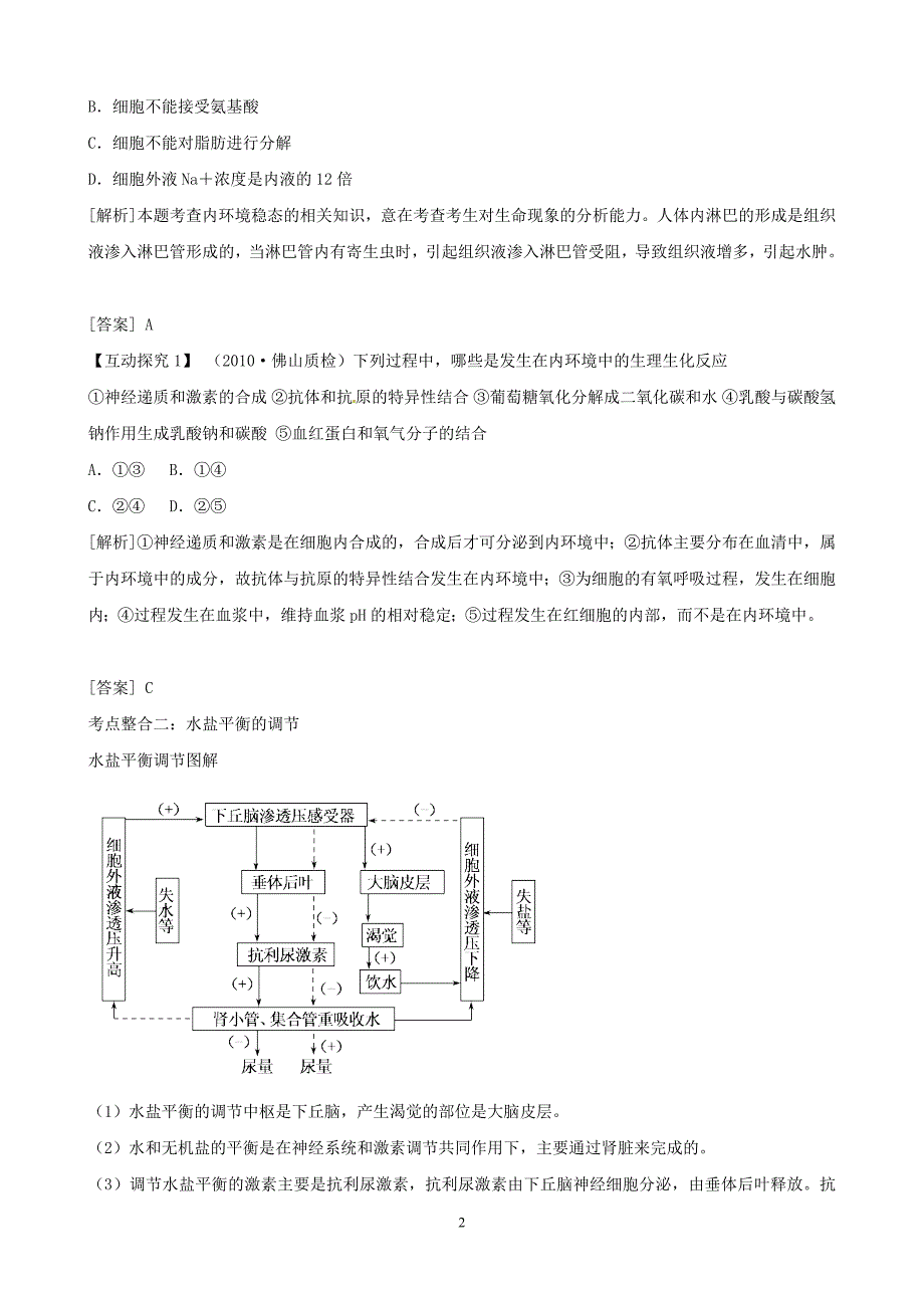 高三生物作业学案：专题个体的稳态与调节人体的内环境与稳态_第2页