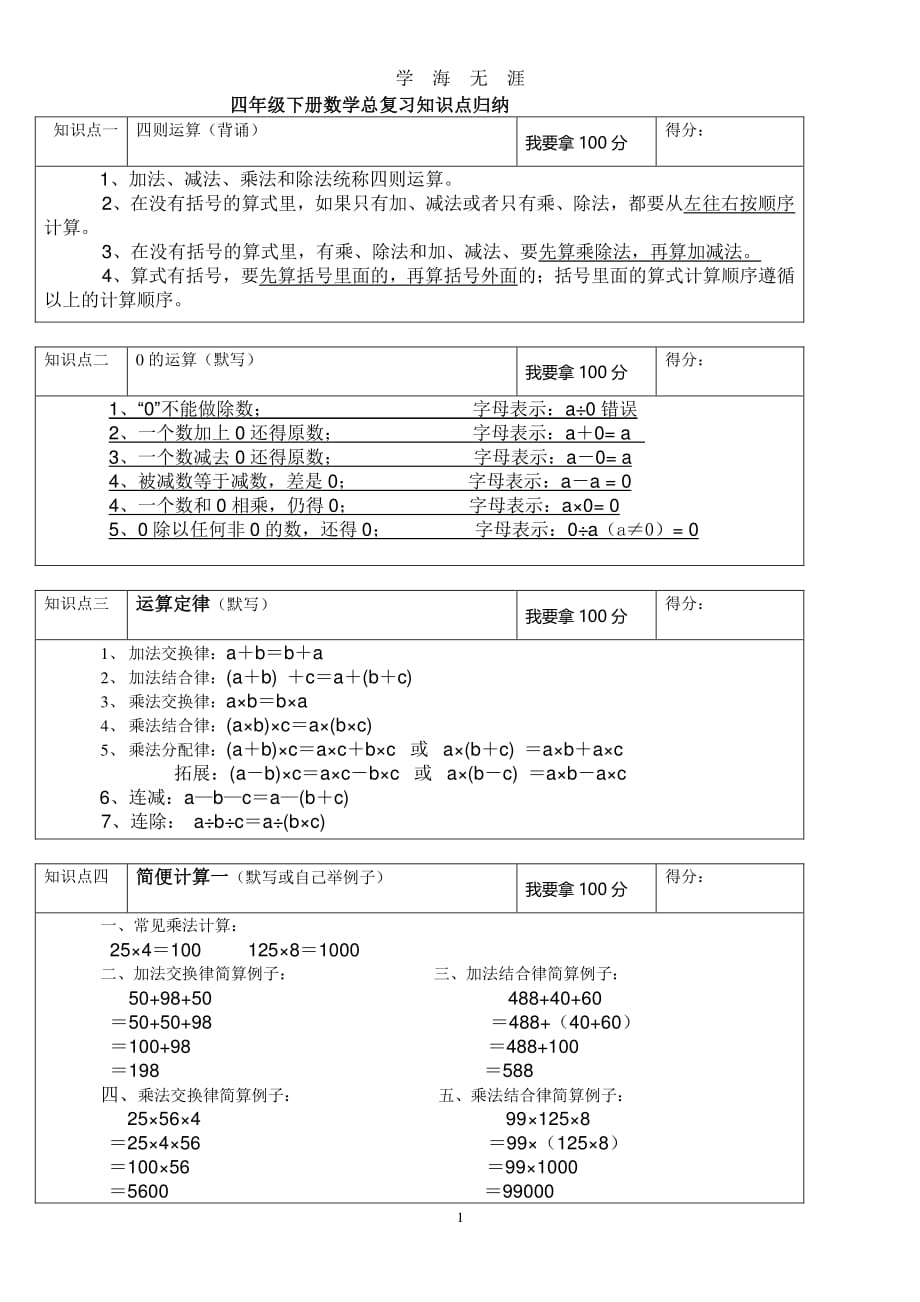 人教版四年级下册数学总复习知识点归纳（2020年7月整理）.pdf_第1页