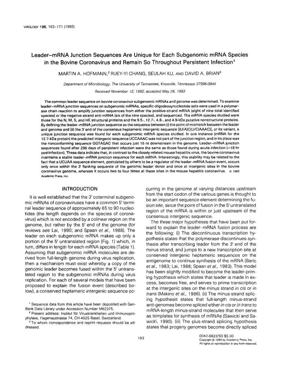 1993 Leader-mRNA Junction Sequences Are Unique for Each Subgenomic mRNA Species in the Bovine Coronavirus and Remain So_第1页