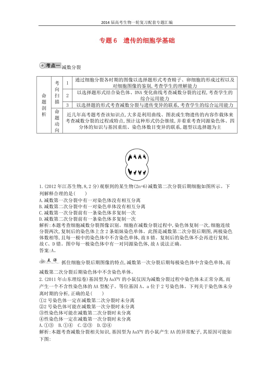 高三生物作业 配套试题汇编 专题 遗传的细胞学基础_第1页