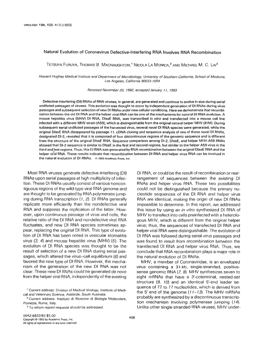 1993 Natural Evolution of Coronavirus Defective-Interfering RNA Involves RNA Recombination_第1页