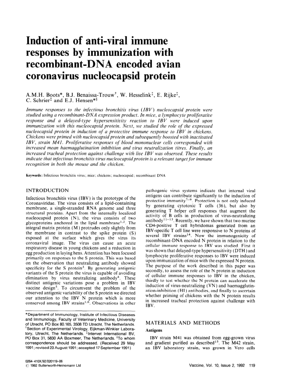1992 Induction of anti-viral immune responses by immunization with recombinant-DNA encoded avian coronavirus nucleocapsi_第1页
