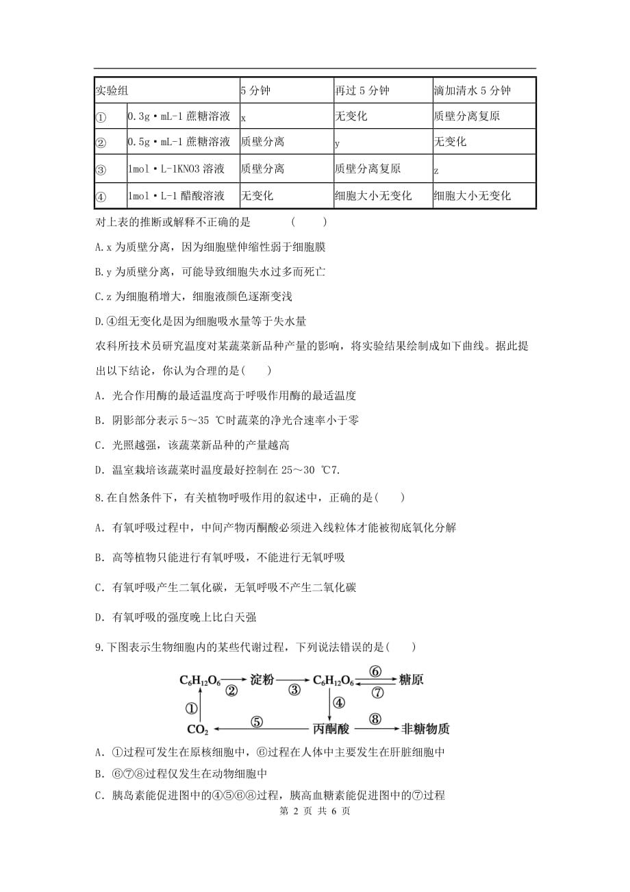 高三生物二轮作业专题练习：细胞的代谢_第2页