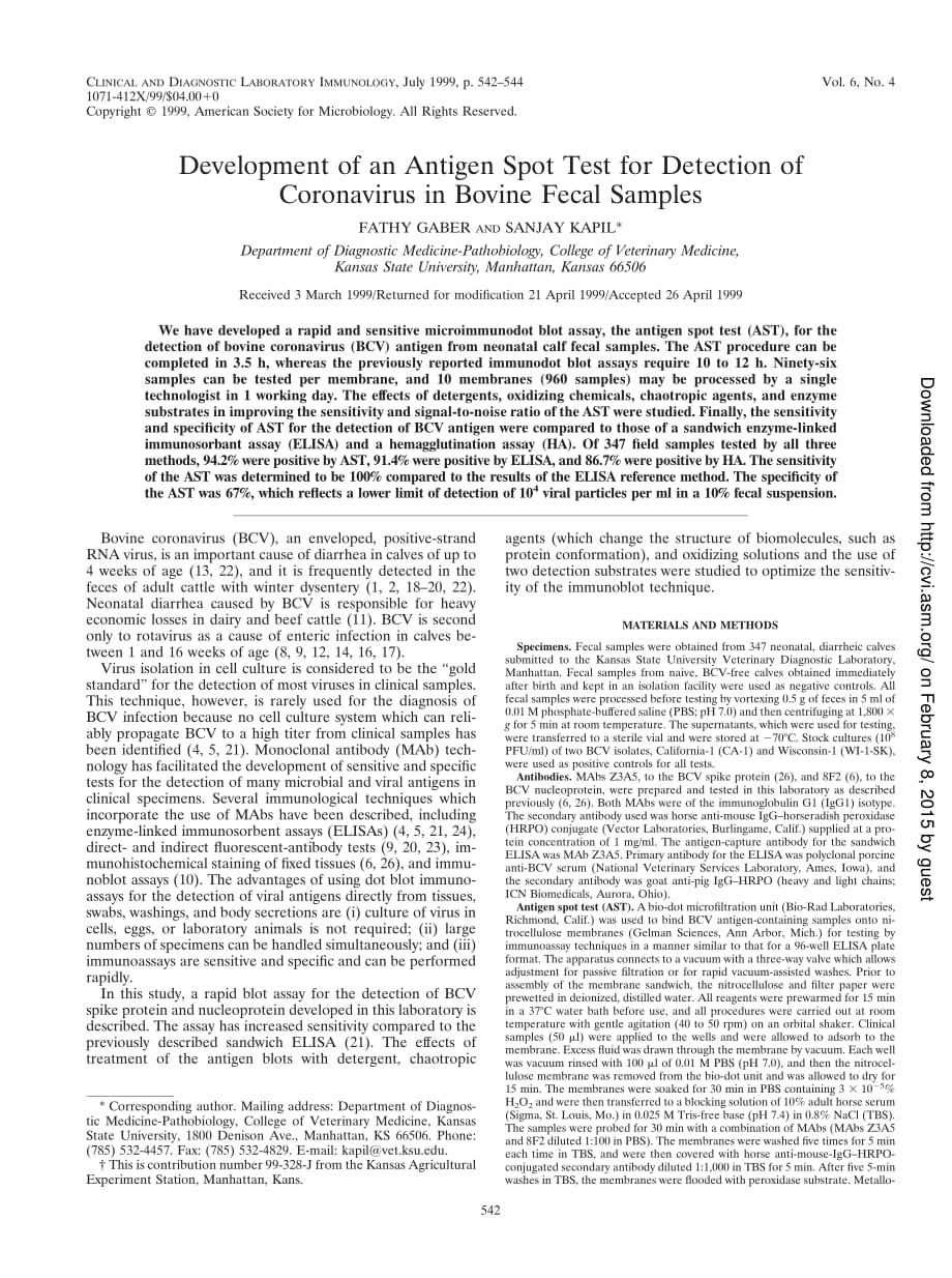 1999 Development of an antigen spot test for detection of coronavirus in bovine fecal samples__第1页