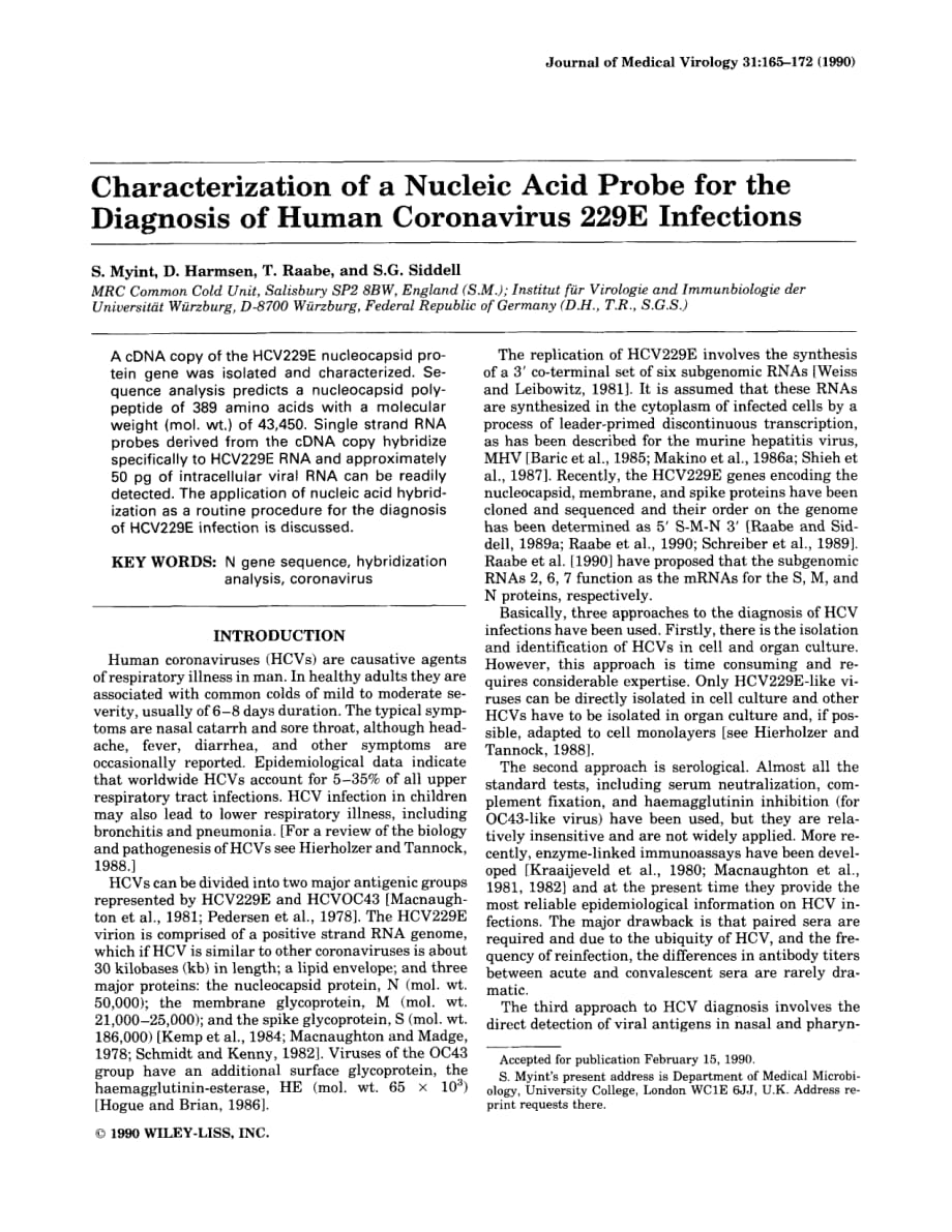 1990 Characterization of a nucleic acid probe for the diagnosis of human coronavirus 229E infections_第1页