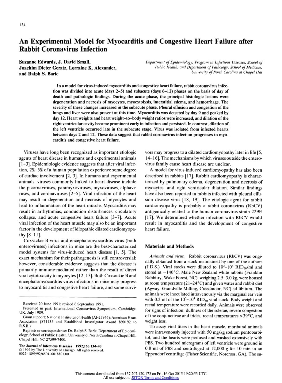 1992 An Experimental Model for Myocarditis and Congestive Heart Failure after Rabbit Coronavirus Infection_第2页