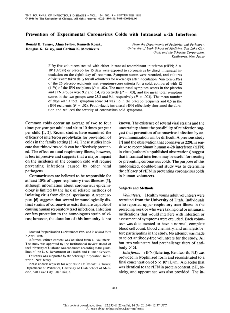 1986 Prevention of Experimental Coronavirus Colds with Intranasal _-2b Interferon_第2页