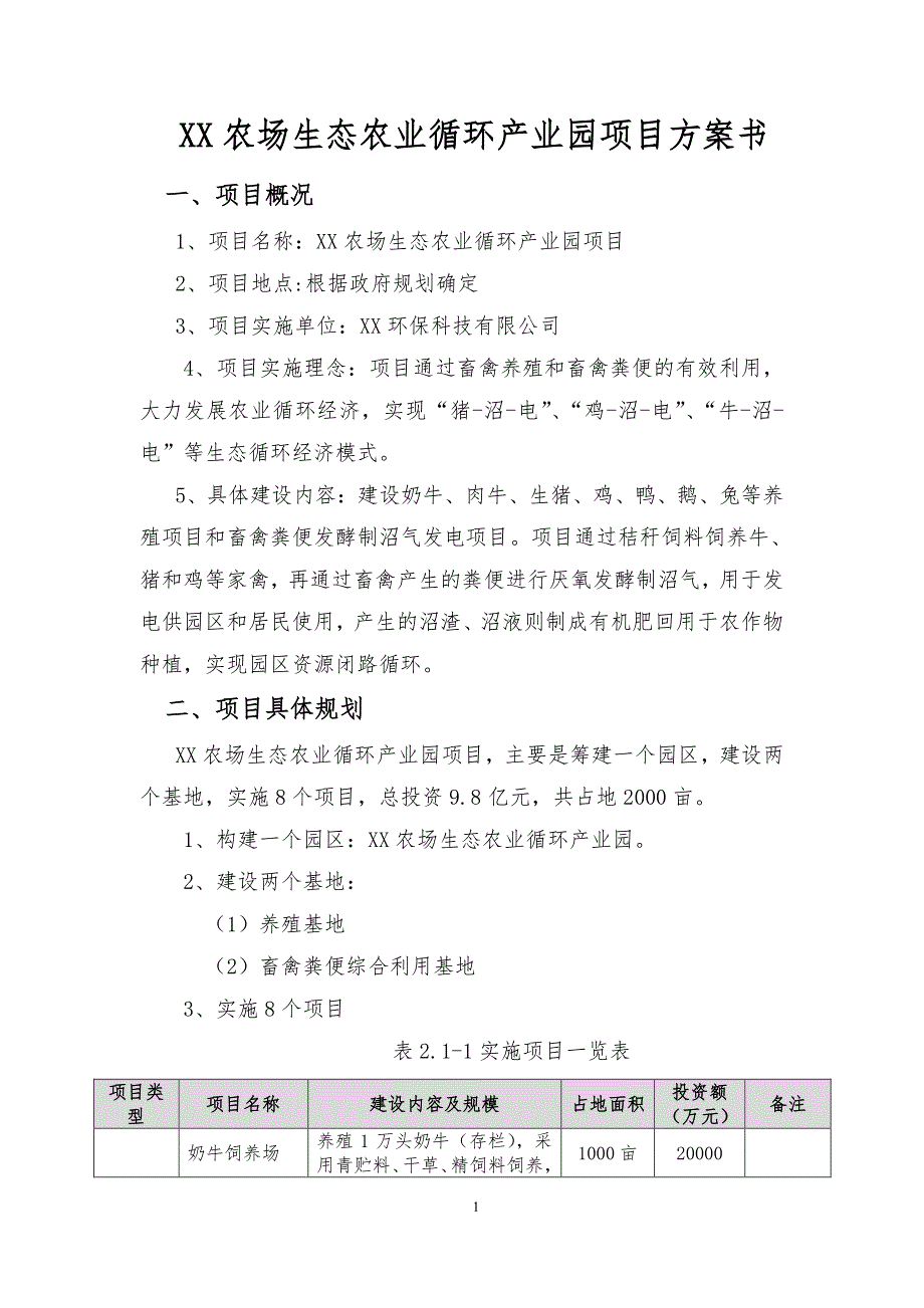 XX农场生态农业循环产业园项目方案书（2020年7月整理）.pdf_第1页