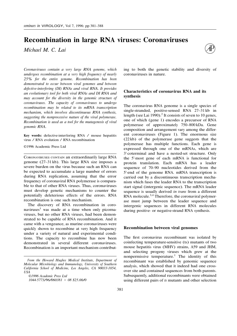 1996 Recombination in large RNA viruses_ Coronaviruses_第1页