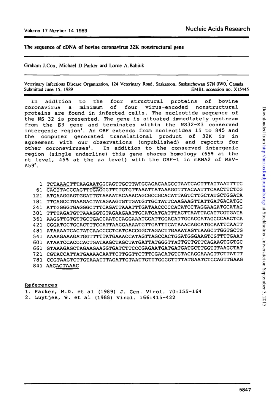 1989 The sequence of cDNA of bovine coronavirus 32K nonstructural gene_第1页