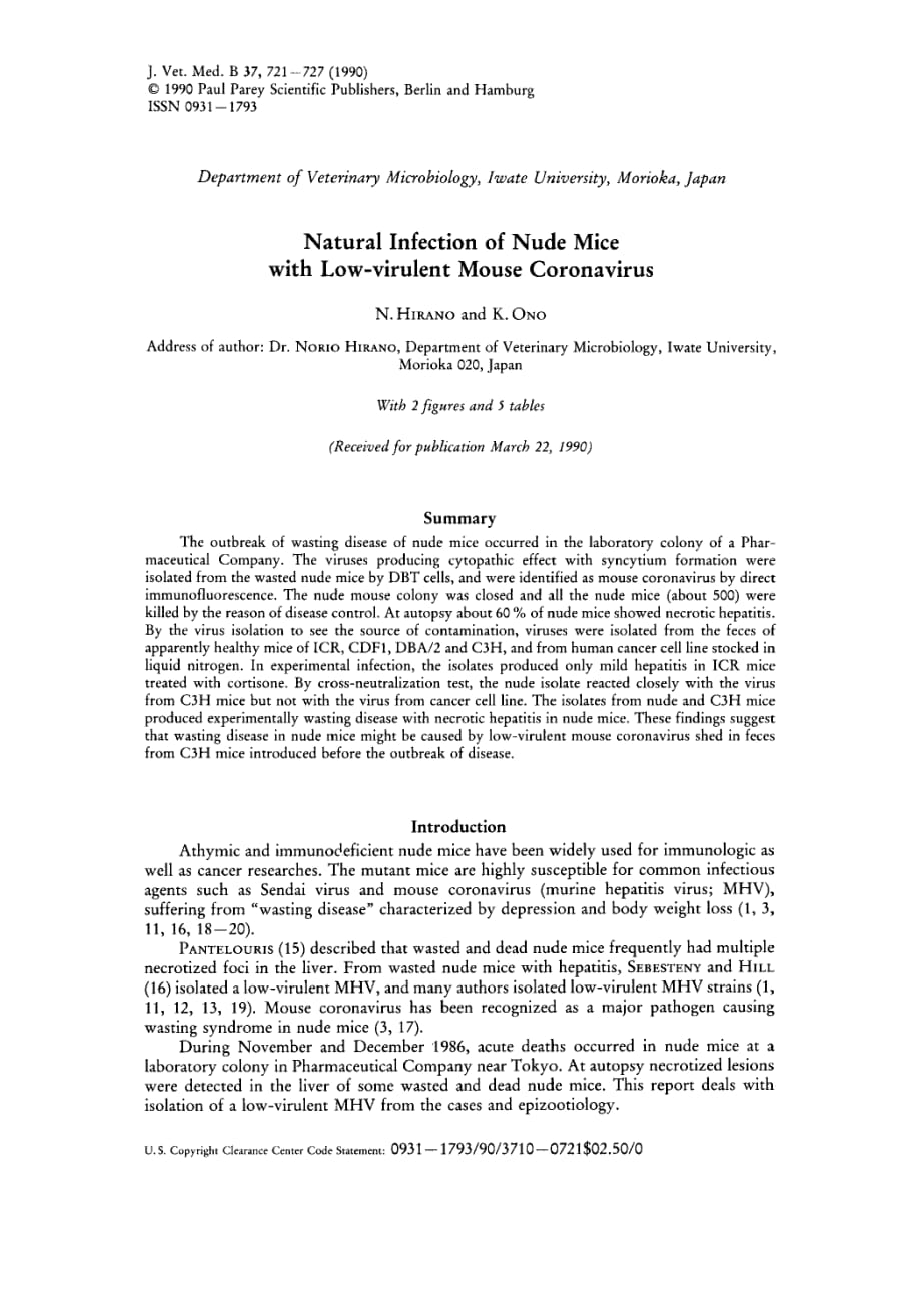 1990 Natural Infection of Nude Mice with Low-virulent Mouse Coronavirus_第1页