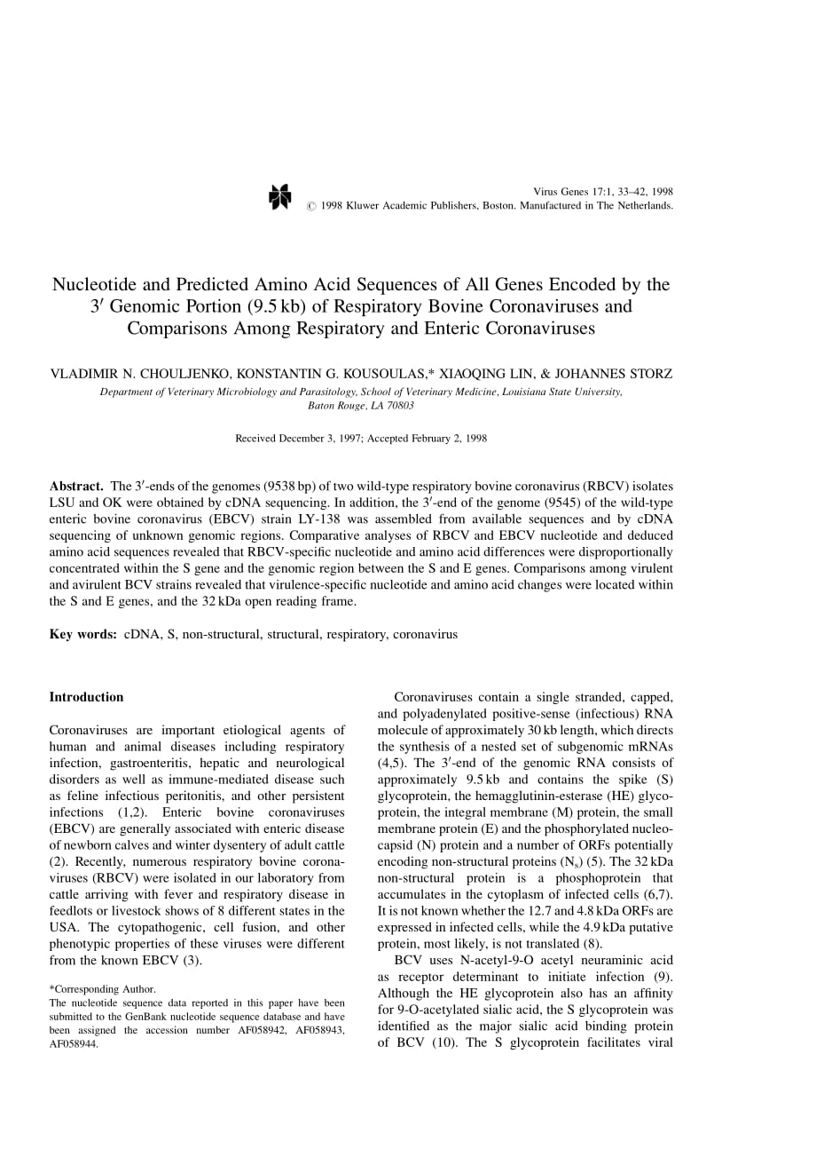 1998 Nucleotide and Predicted Amino Acid Sequences of All Genes Encoded by the 3_ Genomic Portion (9_5 kb) of Respirator_第1页