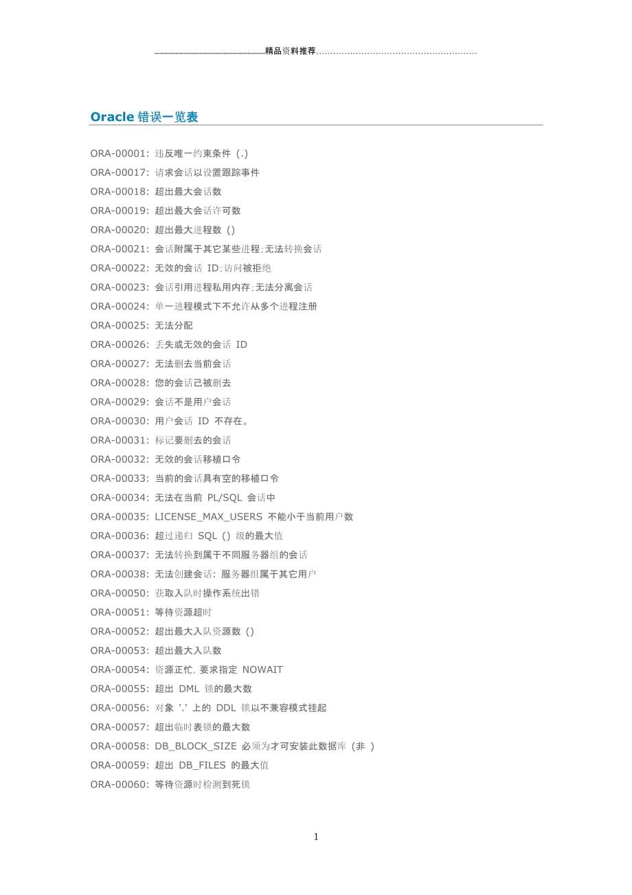 Oracle——错误一览表 任务用精编版_第1页