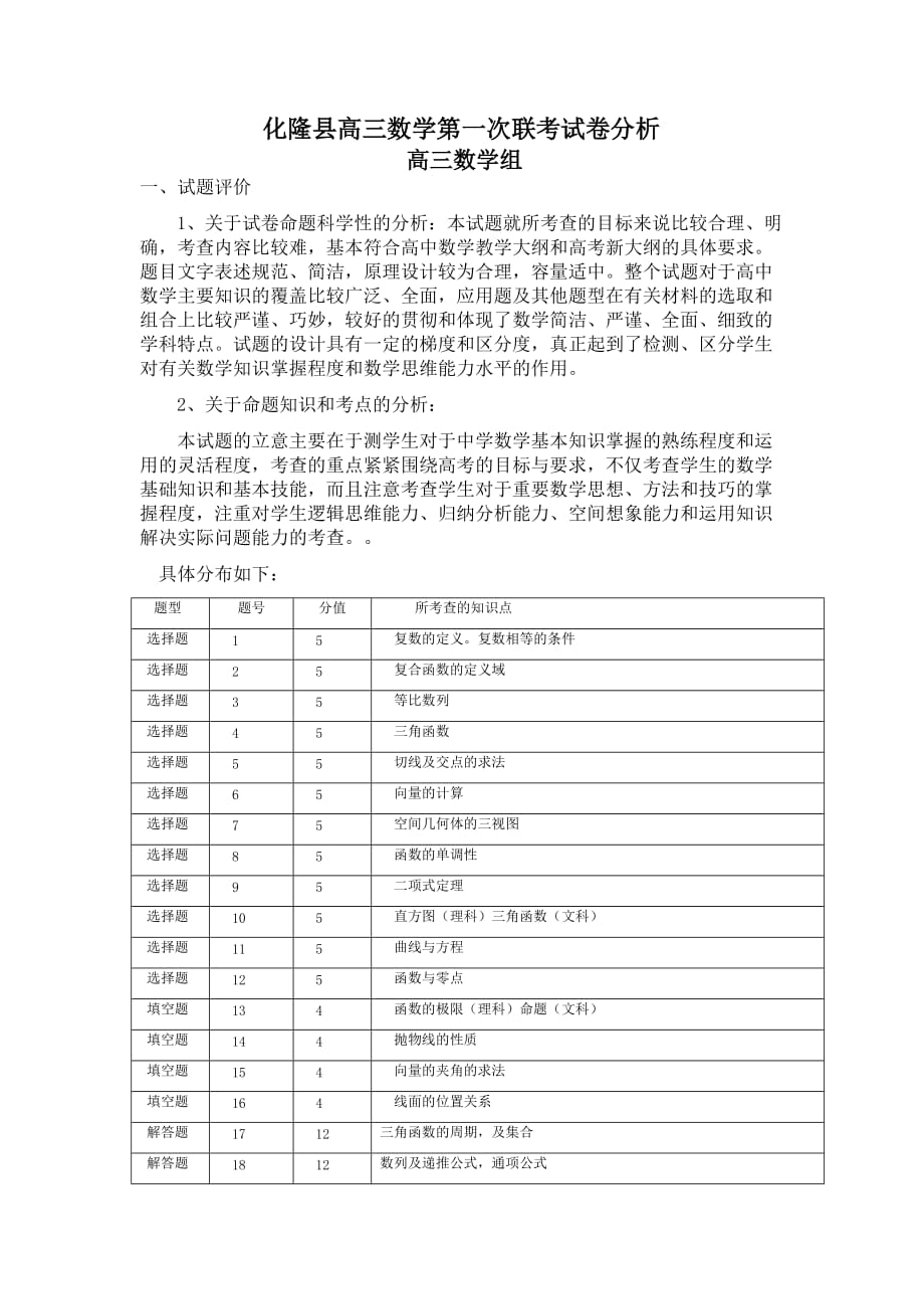 高三数学县联测验考试卷分析_第1页