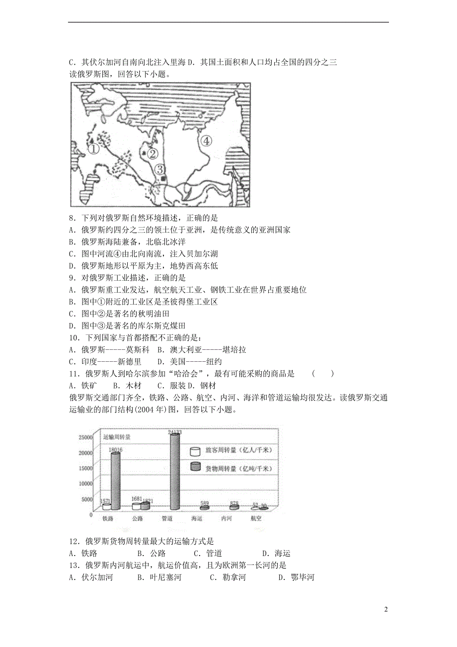 学中考地理二轮专题作业俄罗斯_第2页