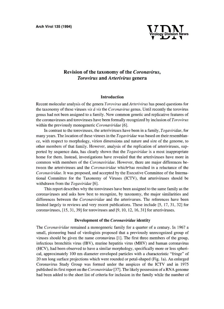 1994 Revision of the taxonomy of theCoronavirus, TorovirusandArterivirusgenera_第1页