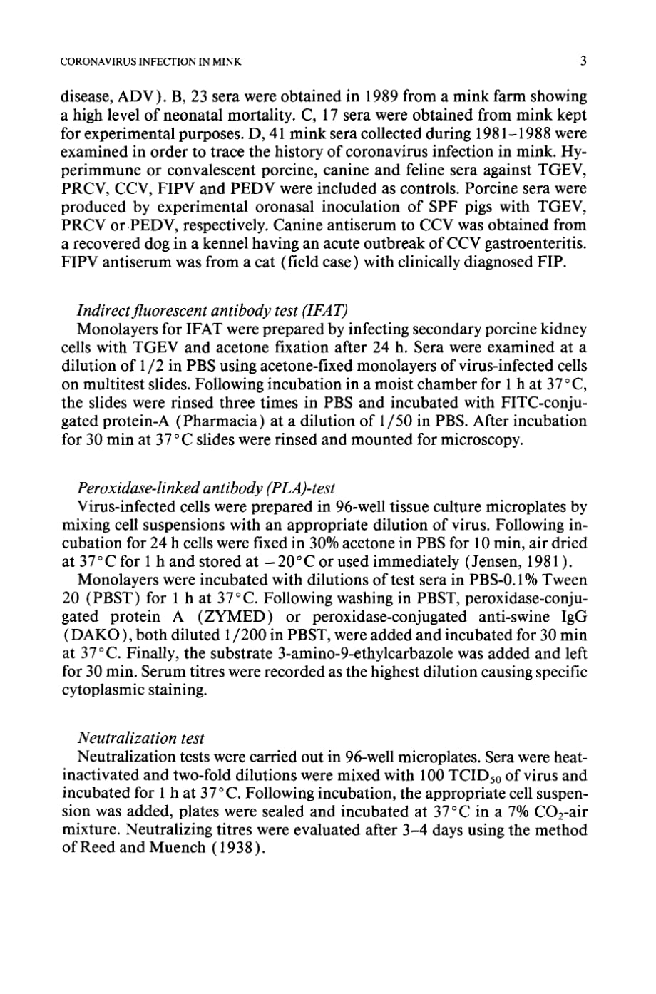 1992 Coronavirus infection in mink (Mustela vision)_ Serological evidence of infection with a coronavirus related to tra_第3页