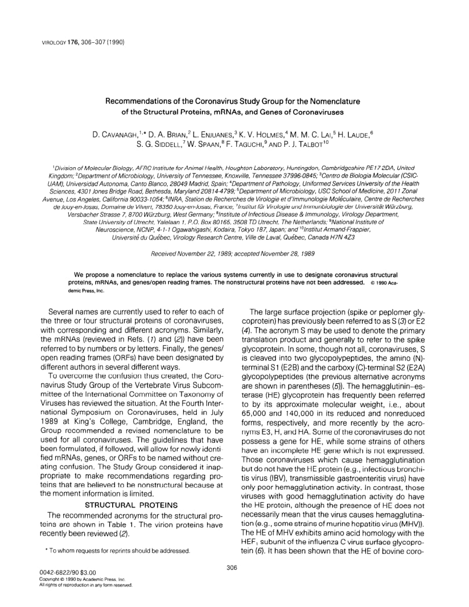 1990 Recommendations of the coronavirus study group for the nomenclature of the structural proteins, mRNAs, and genes of_第1页