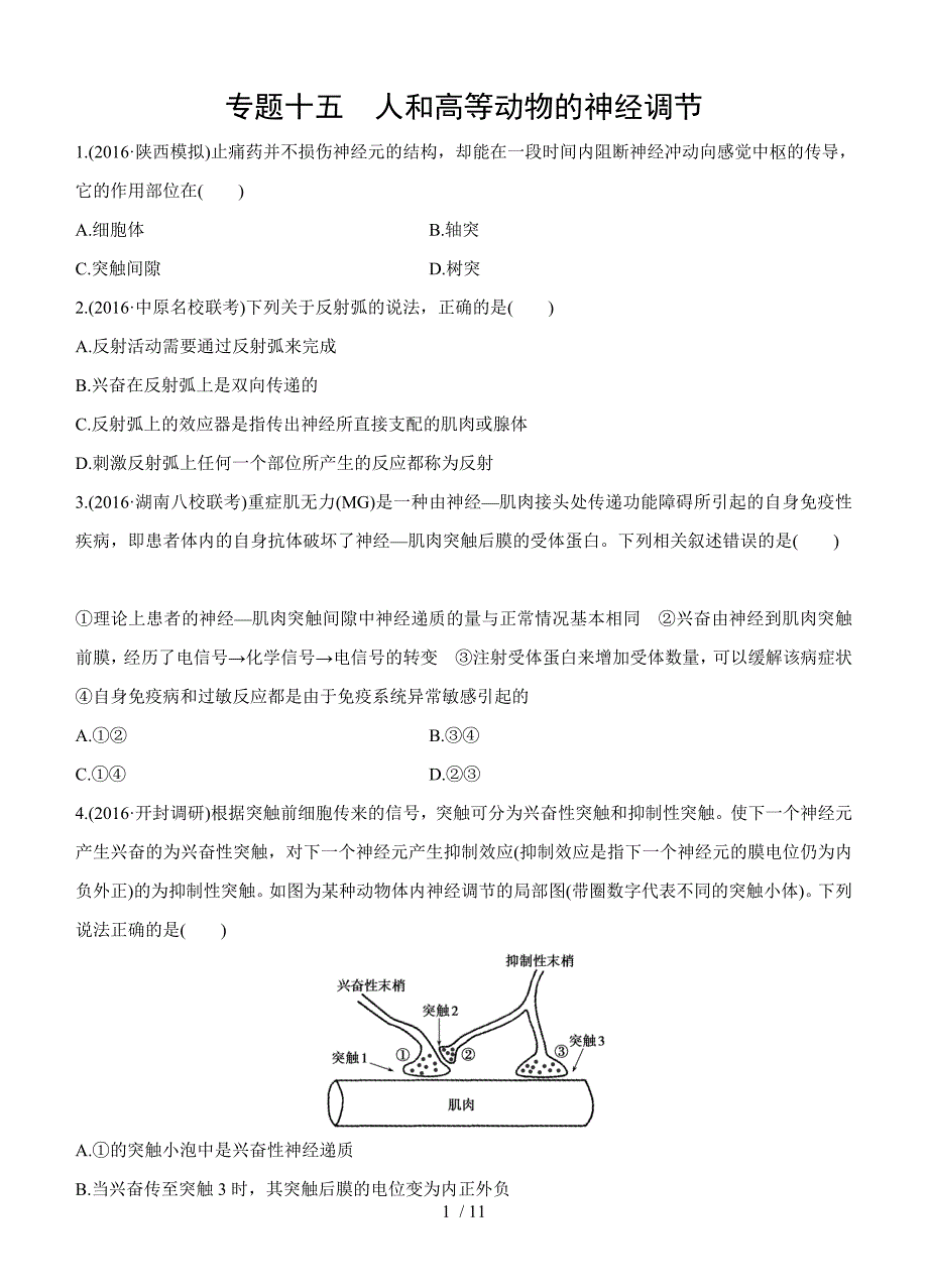 高三作业模拟题：生物专题十五 人和高等动物的神经调节_第1页