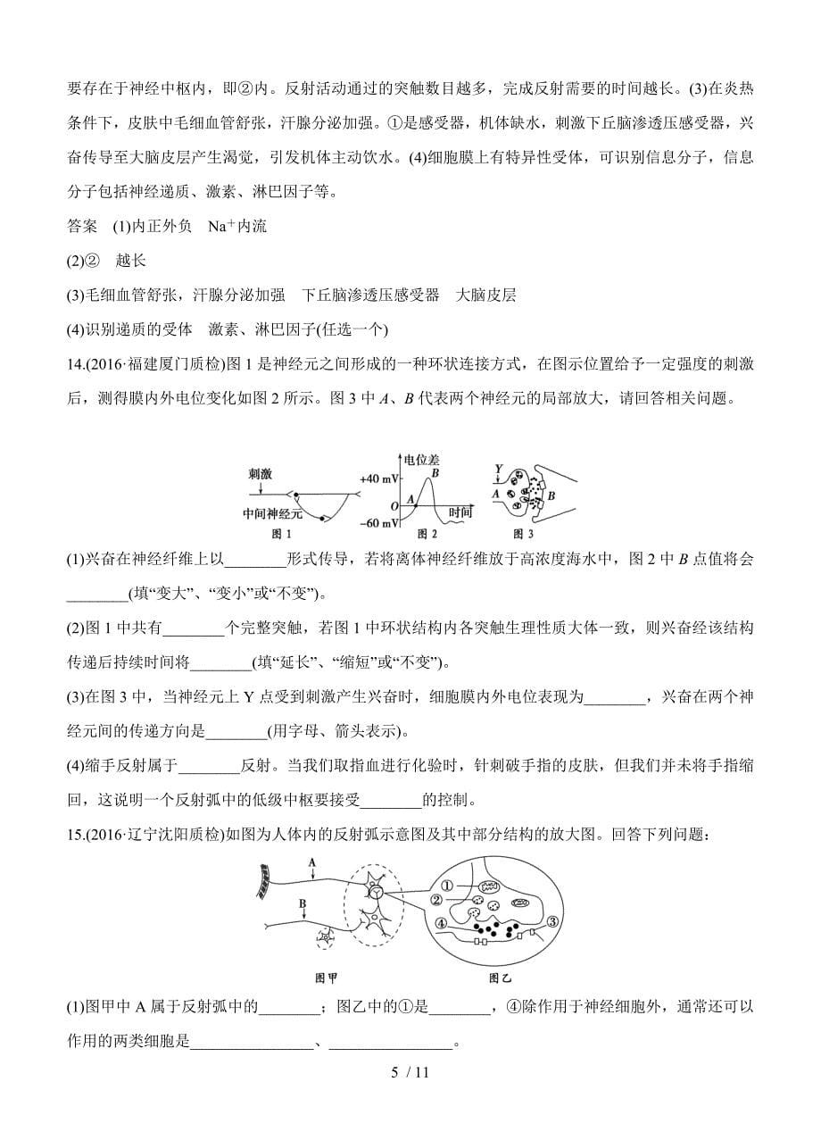 高三作业模拟题：生物专题十五 人和高等动物的神经调节_第5页