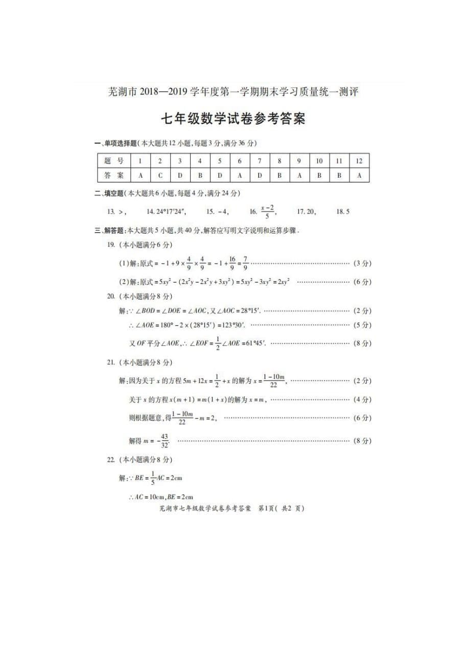 安徽省芜湖市2018-2019学年七年级数学上学期期末学习质量统一测评试卷_第5页