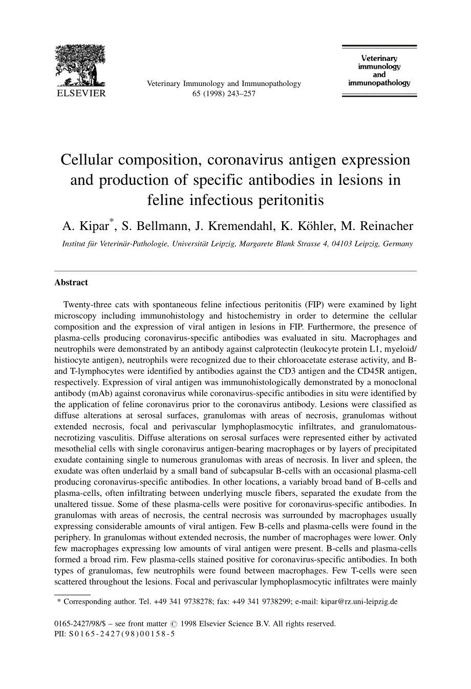 1998 Cellular composition, coronavirus antigen expression and production of specific antibodies in lesions in feline inf_第1页