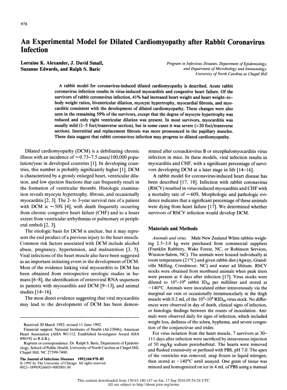 1992 An Experimental Model for Dilated Cardiomyopathy after Rabbit Coronavirus Infection_第2页