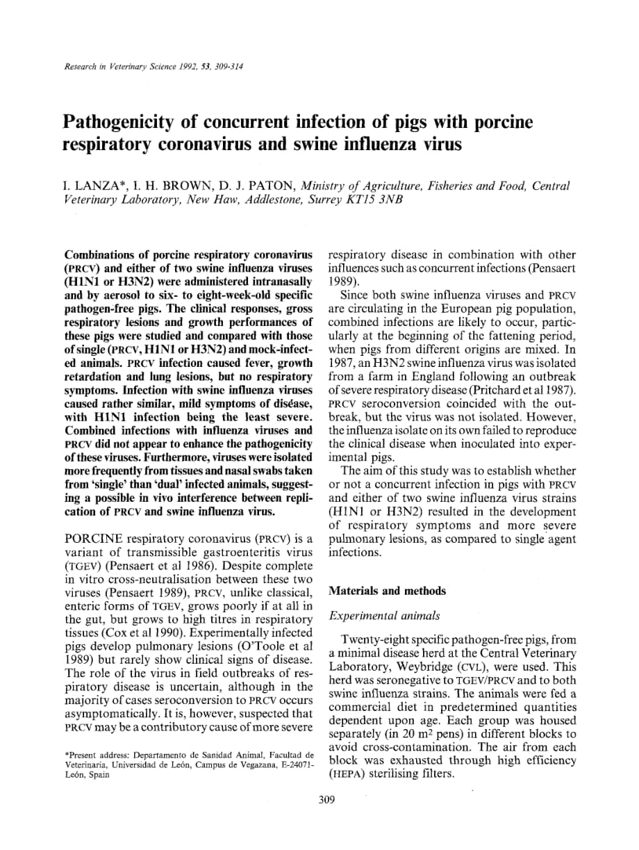 1992 Pathogenicity of concurrent infection of pigs with porcine respiratory coronavirus and swine influenza virus_第1页