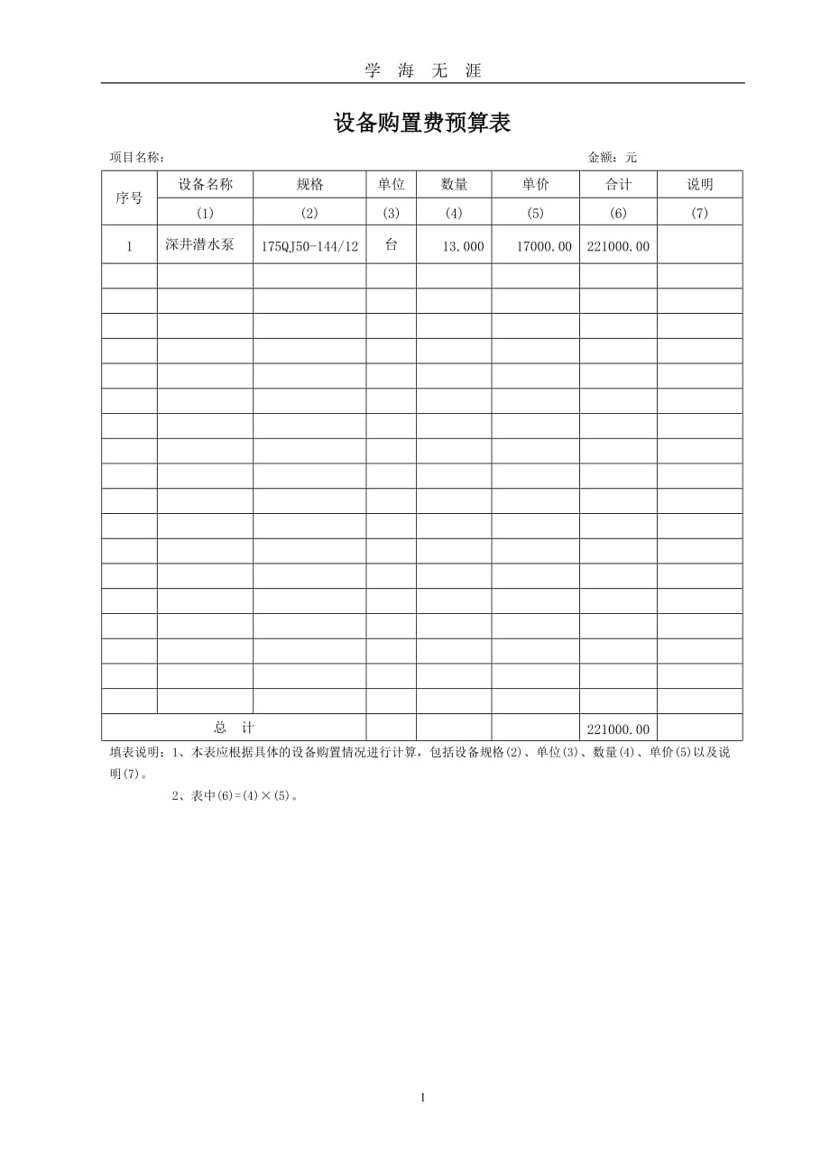 （2020年7月整理）设备购置费预算表.doc_第1页