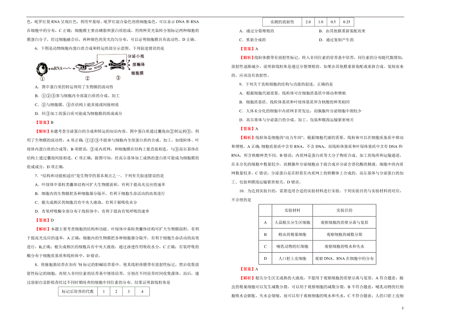 2021届高三生物一轮复习第二单元细胞的基本结构 细胞的物质输入和输出训练卷 B卷 教师版_第2页