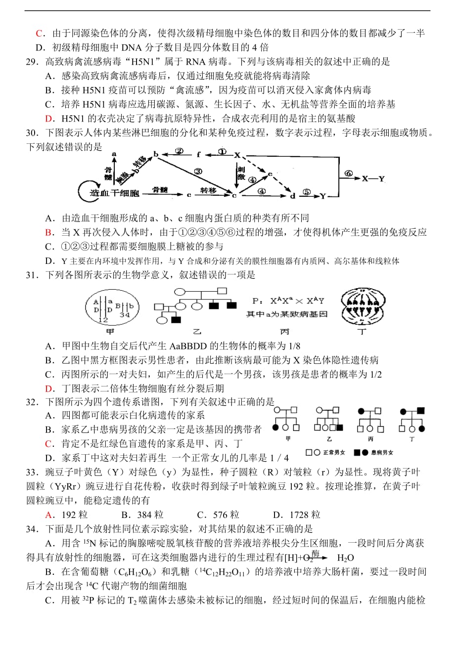 08年生物一检试题及答案_第4页