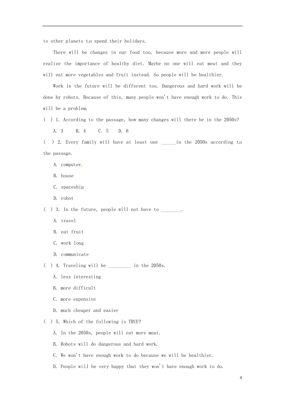 （广州沈阳通用）八年级英语下册Module4DiscoveryUnit8Lifeinthefuture同步练习牛津深圳版_第4页