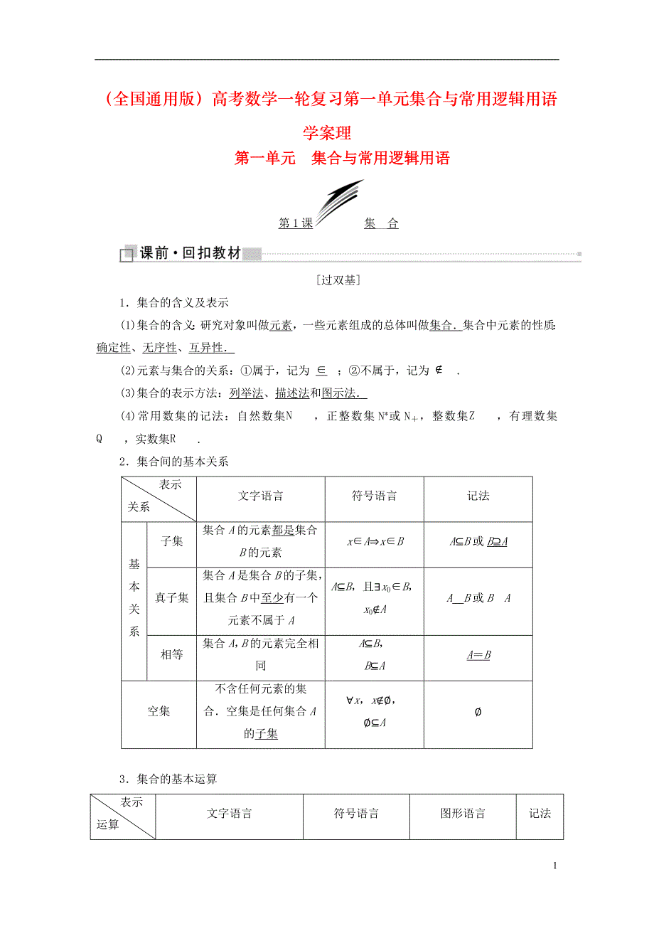 （全国通用版）高考数学一轮复习第一单元集合与常用逻辑用语学案理_第1页