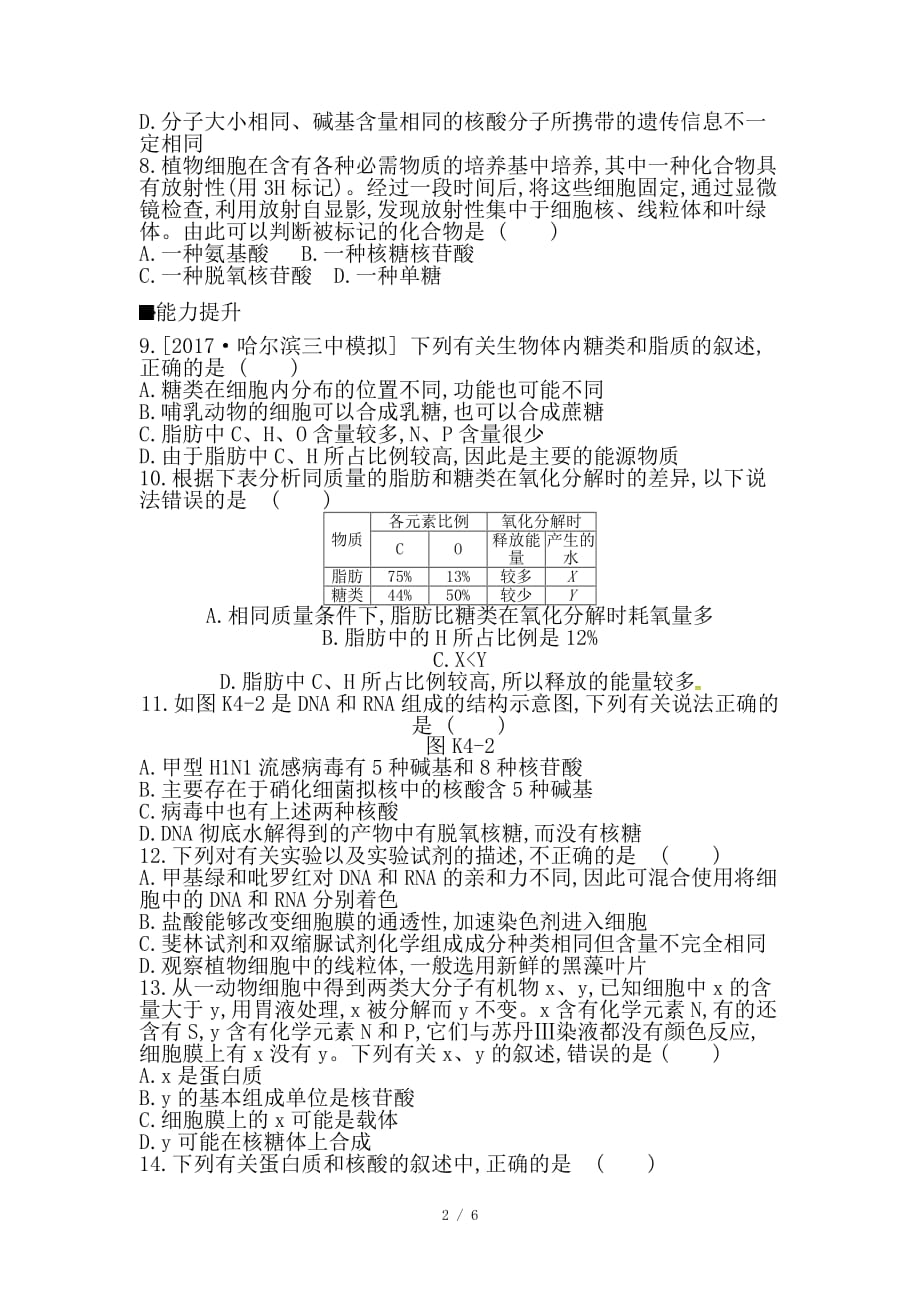 最新高考生物总复习课时作业4核酸与细胞中的糖类和脂质_第2页