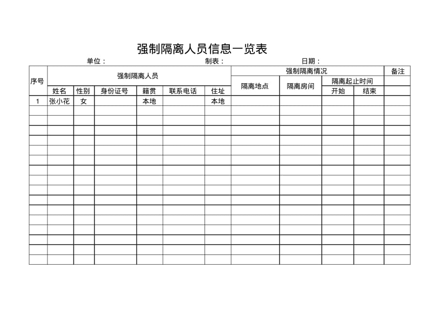 【疫情防护表格】强制隔离人员信息一览excel表格模板_第1页