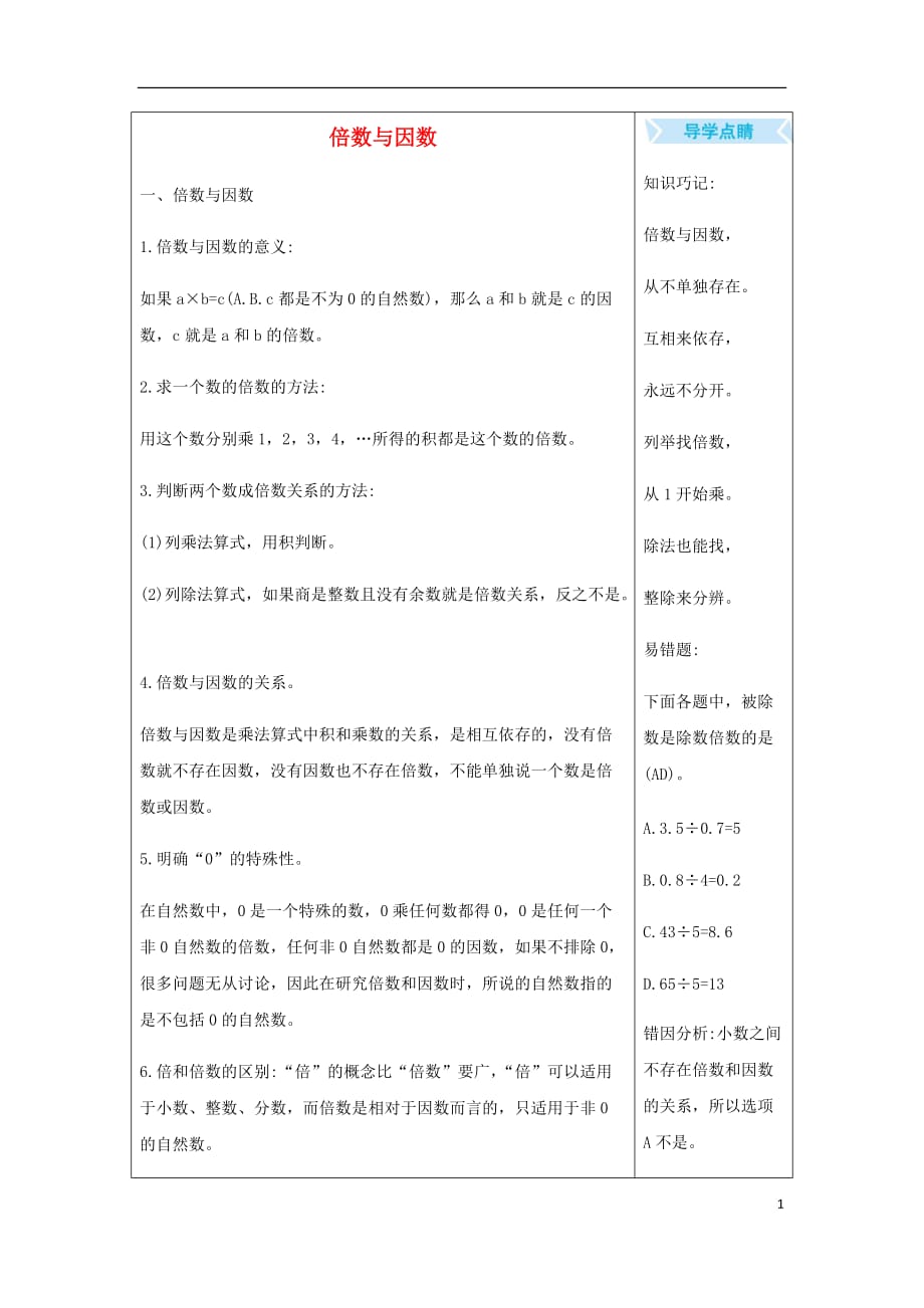 五年级数学上册3倍数与因数知识清单素材北师大版270_第1页