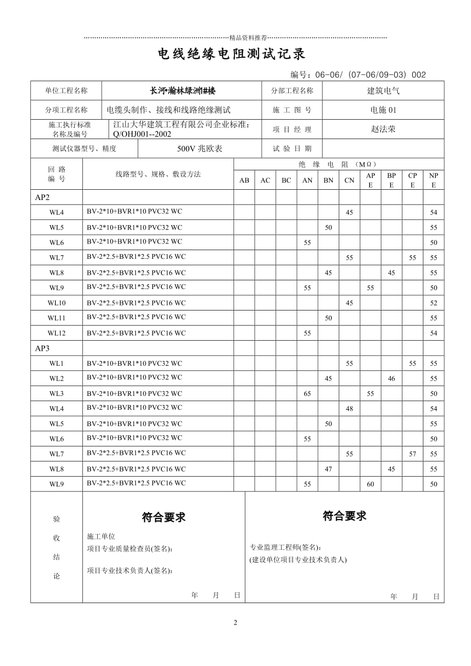 电线绝缘电阻测试记录精编版_第2页