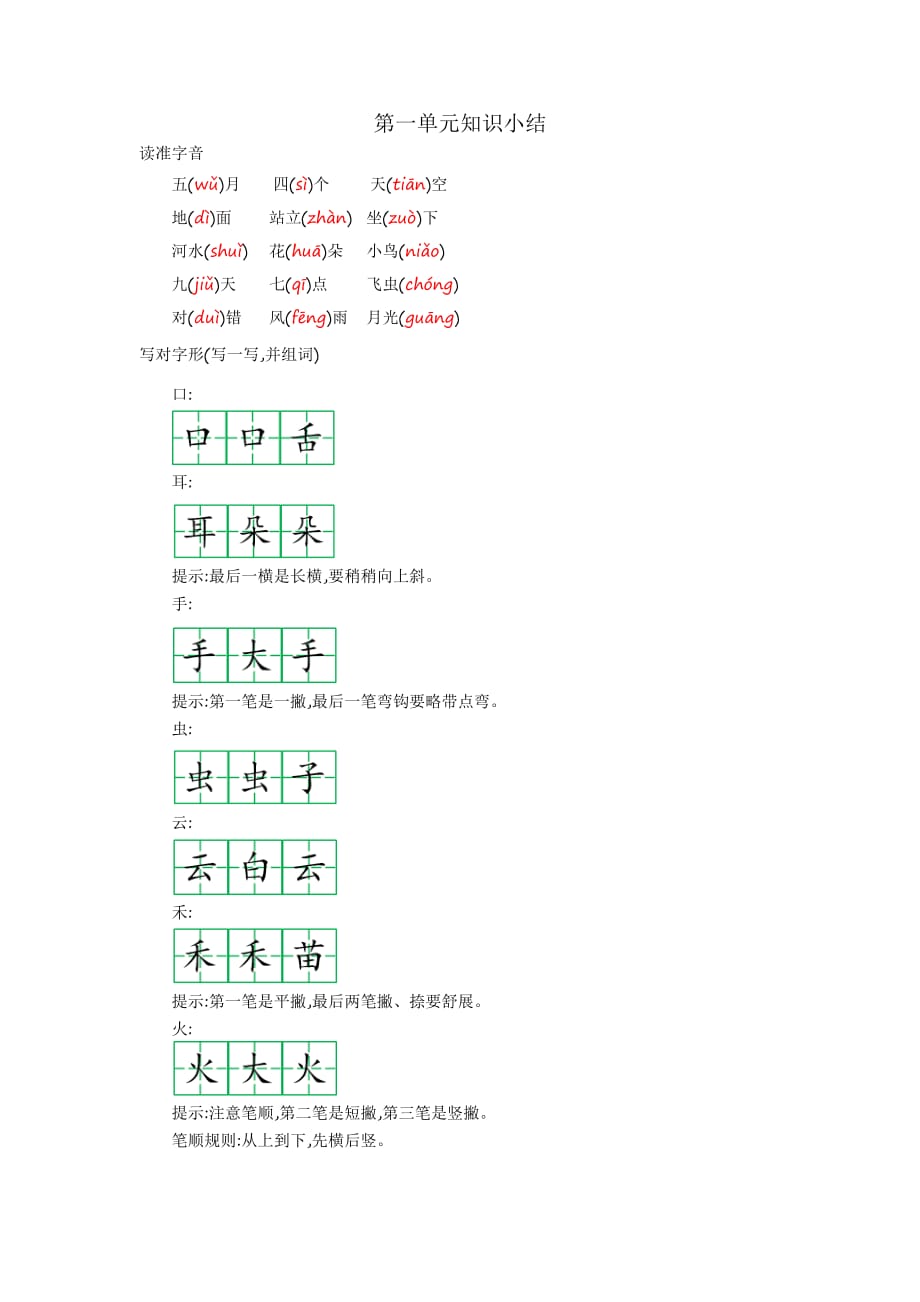 部编版语文一年级上册第一单元知识小结_第1页