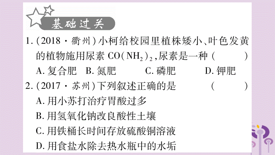 重庆市2019中考化学复习第一部分基础知识第一单元常见的物质第7讲盐化肥精练课件2019032517_第2页