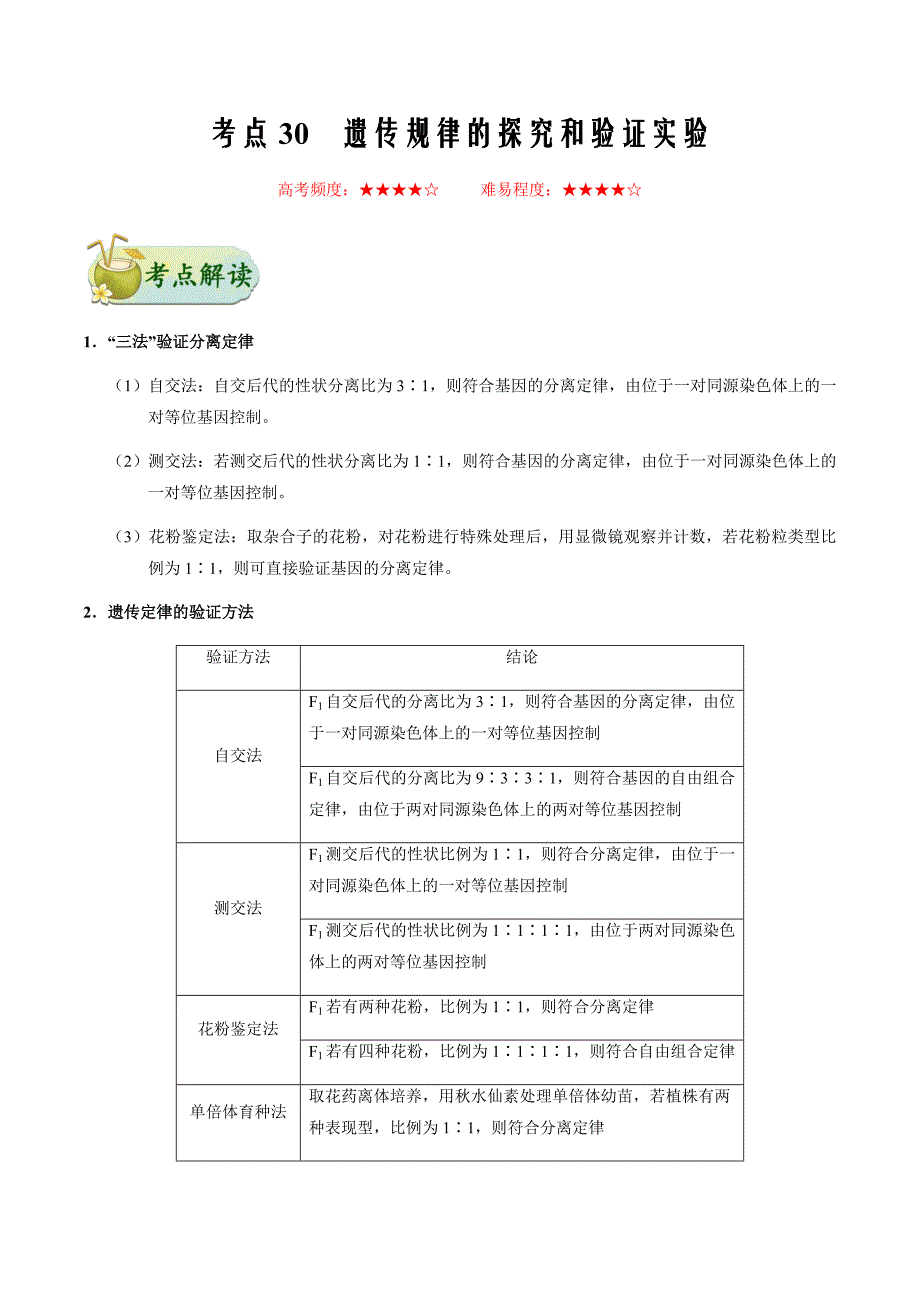 备战2021年高考生物一轮复习考点汇编考点30遗传规律的探究和验证实验_第1页