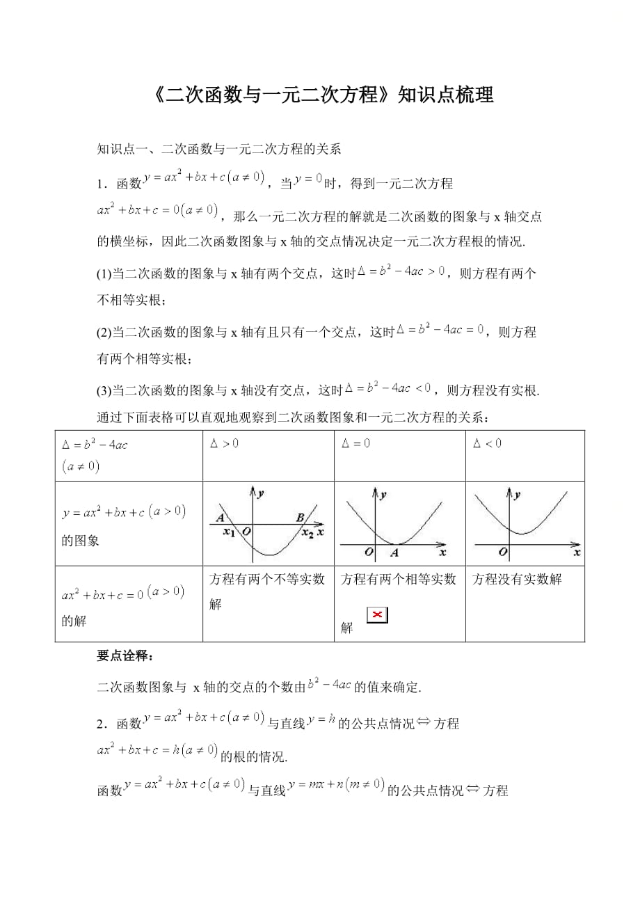 新人教版九年级数学上册第二十二章《二次函数与一元二次方程》知识点梳理_第1页