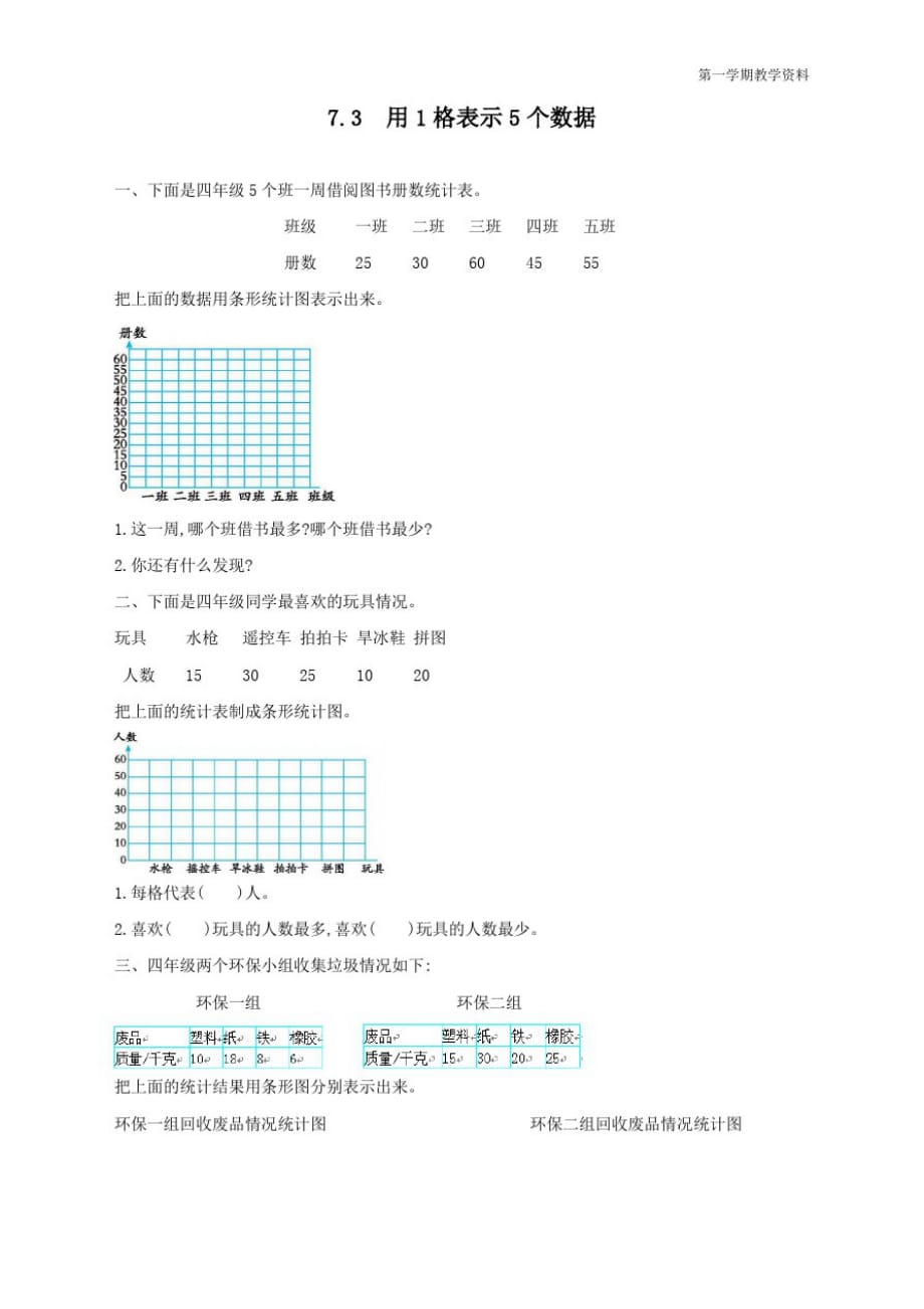 最新人教版四年级上册数学《用1格表示5个数据》同步练习_第1页