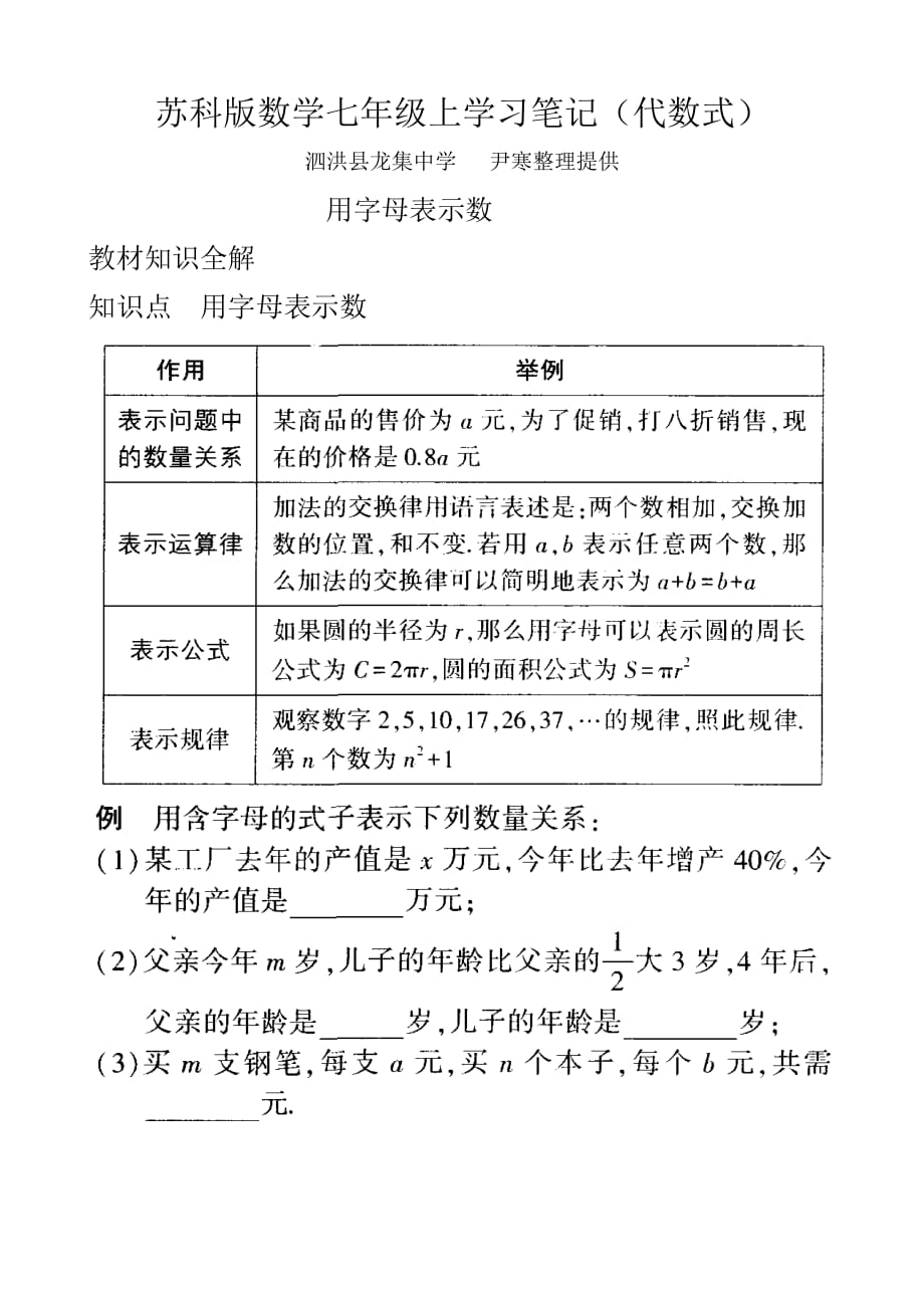 苏科版数学七年级上学习笔记（代数式）（用字母表示数 ）_第1页