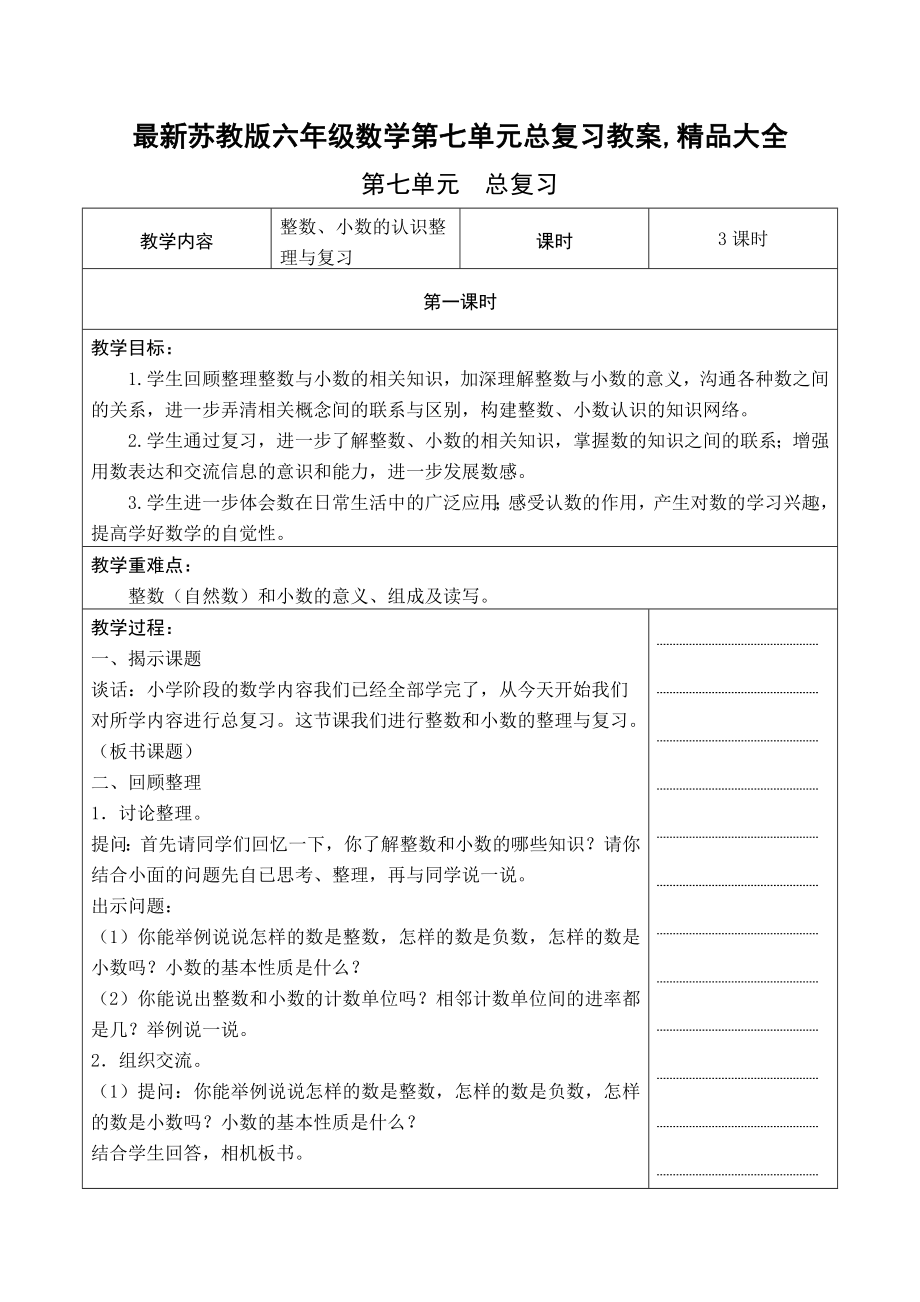 最新苏教版六年级数学第七单元总复习教案,精品大全_第1页