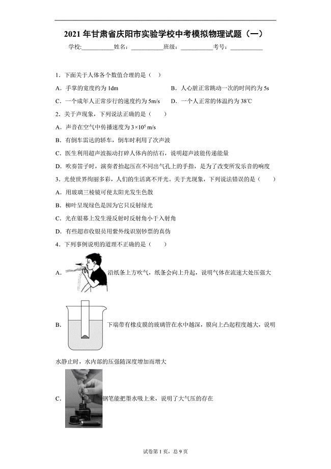 2021年甘肃省庆阳市实验学校中考模拟物理试题（一）