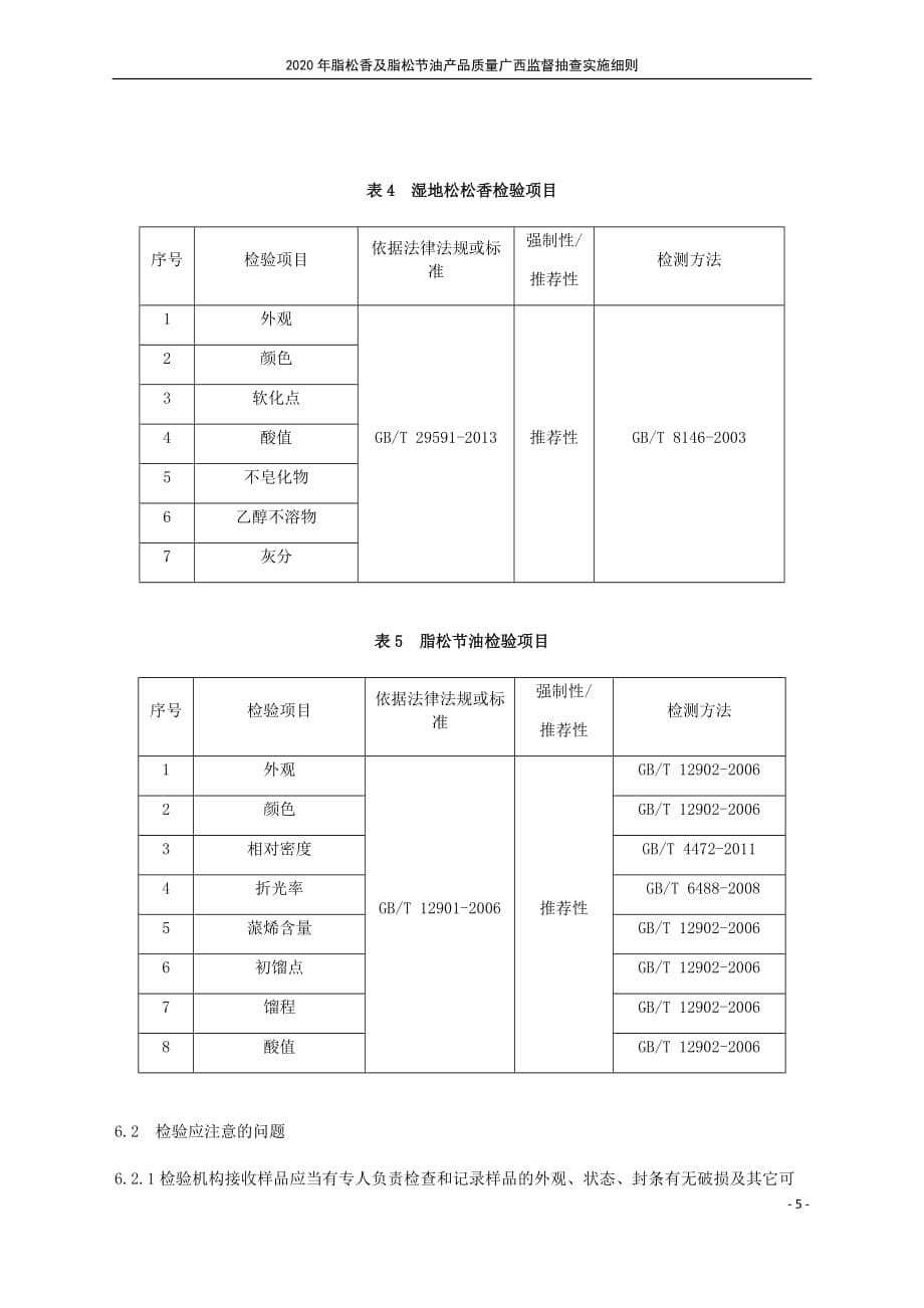 2020年脂松香及脂松节油产品质量广西监督抽查实施细则_第5页