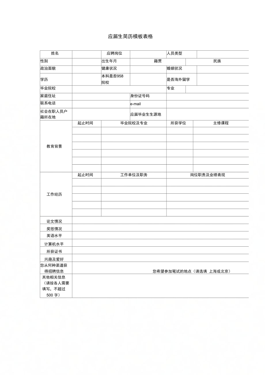 202X年应届生简历模板表格_第1页