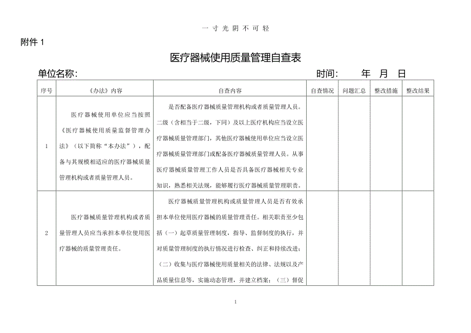 医疗器械质量管理自查表（2020年8月整理）.pdf_第1页