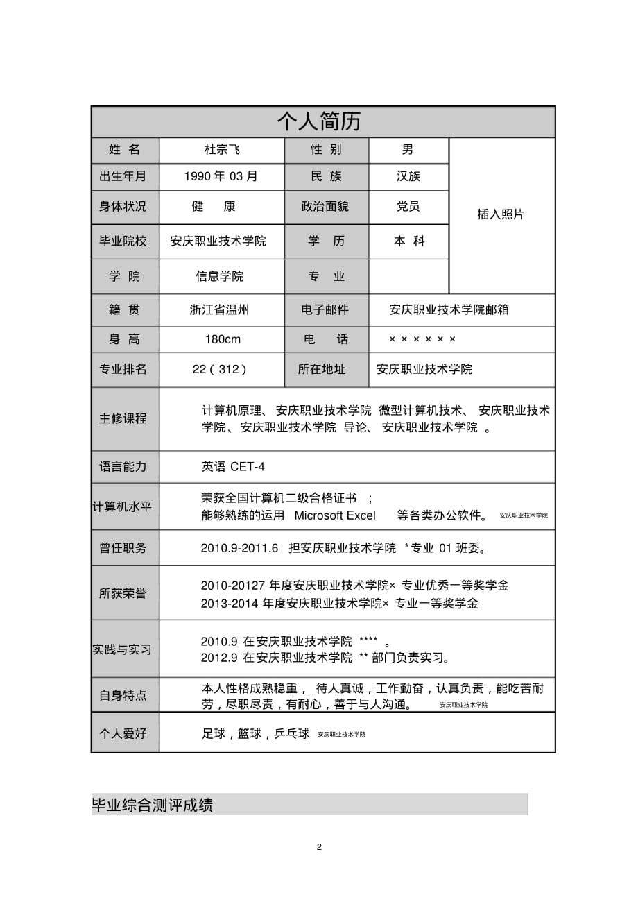 安庆职业技术学院优秀个人简历_第3页